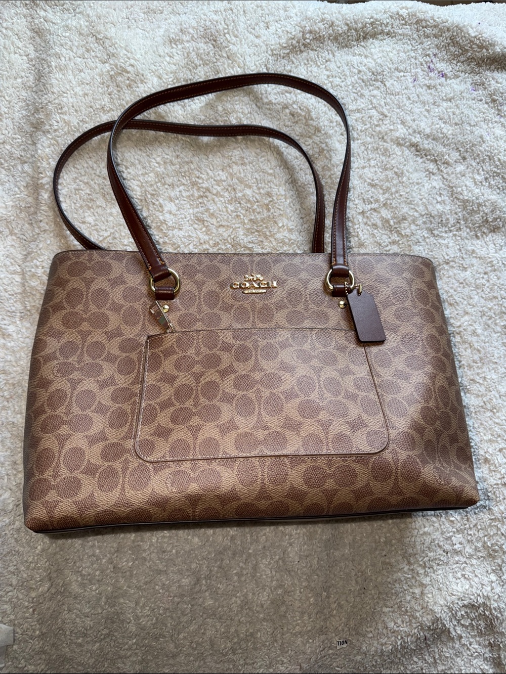 Authentic Coach Brown Signature Canvas Station Tote with Leather Trim